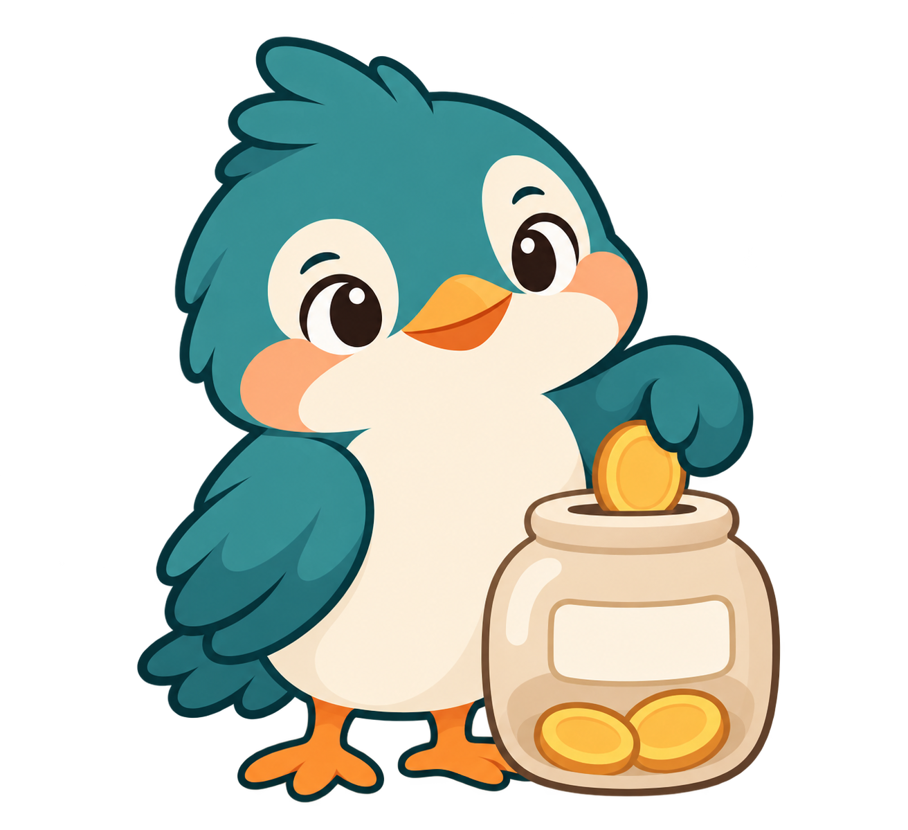 小鳥が貯金びんに硬貨を入れるイラスト