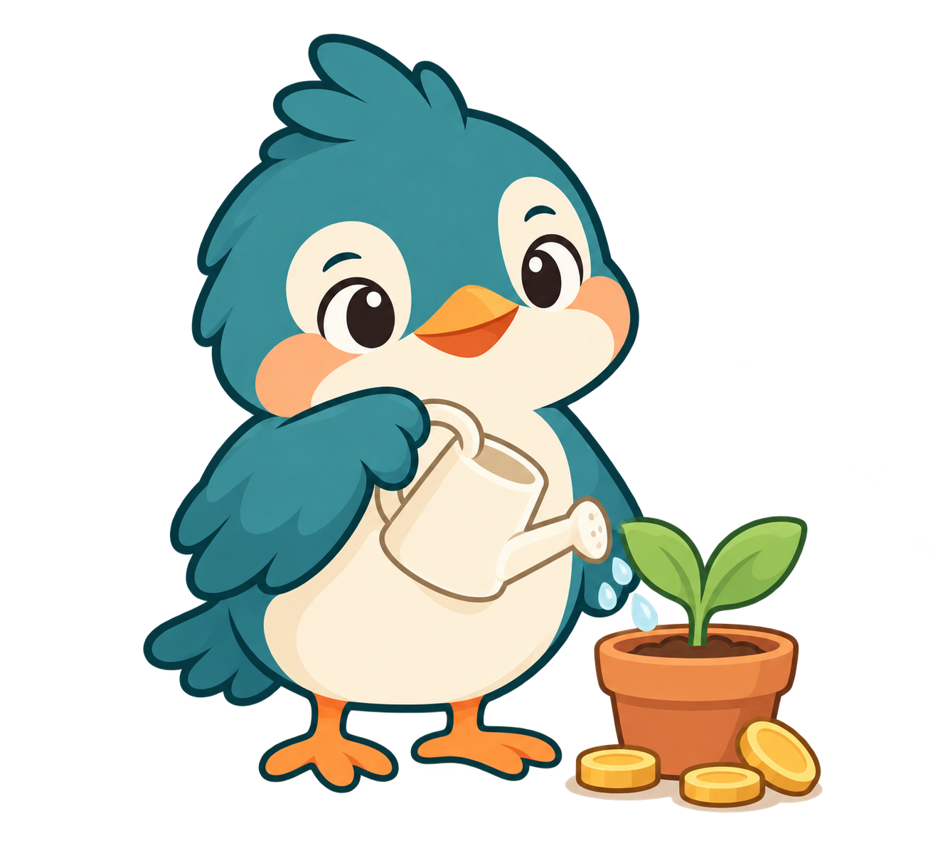 小鳥が植木に水をあげるイラスト